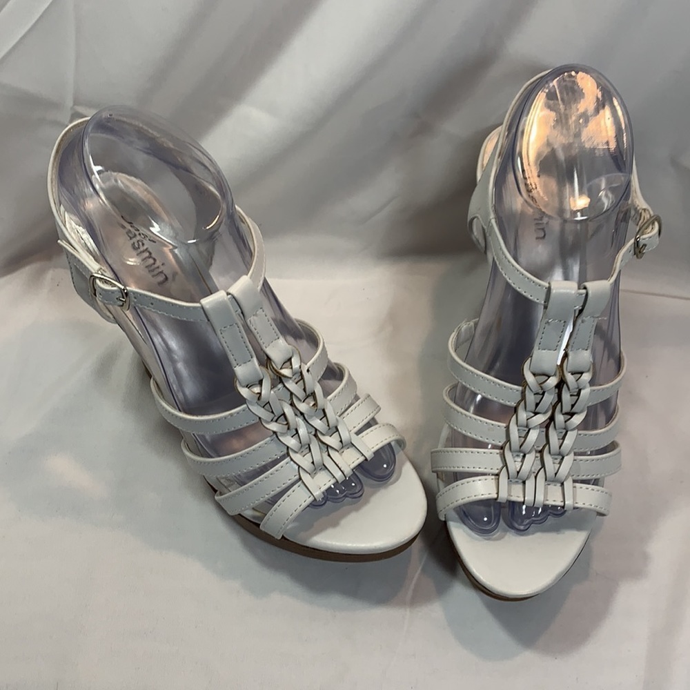 Jasmin White Wedge Strappy Sandal.